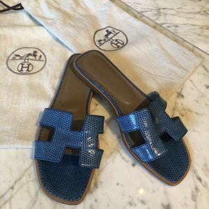 Hermès Oran H Exotic Blue Lizard Sandals